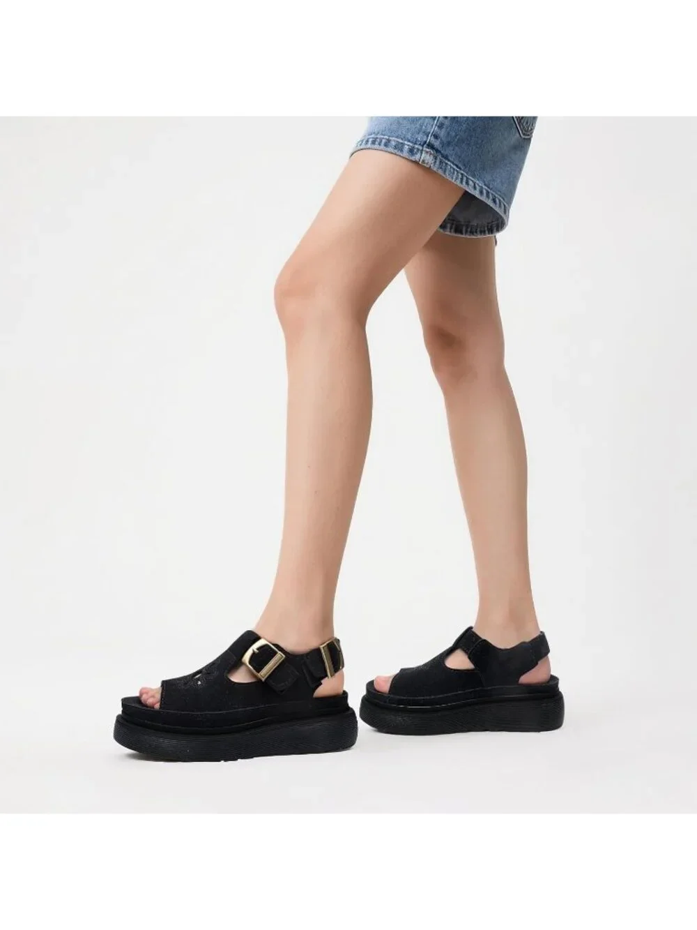 Women's Black Suede Open Toe Flower Decoration Fisherman Platform Sandal Shoes
